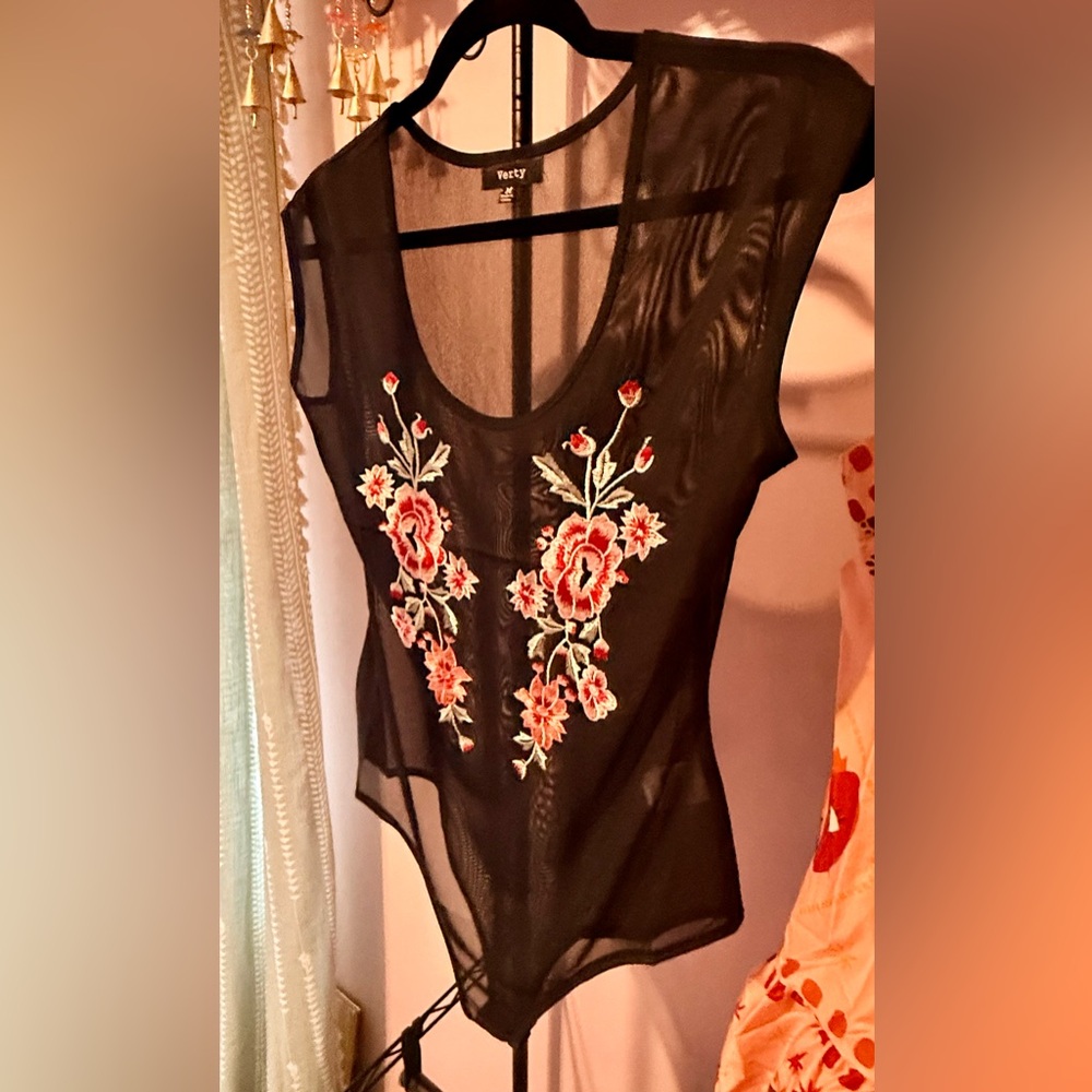 NWOT  Black Mesh Bodysuit with Red Floral Embroidery
